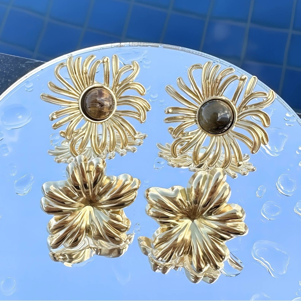 Gold Floral Statement Earrings - Picture 4 of 4